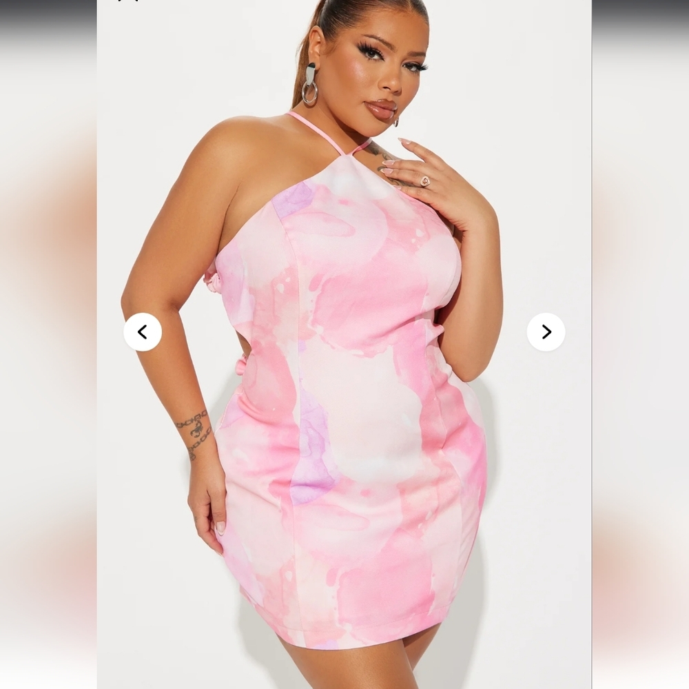 Fashion Nova Pink Watercolor Halter Mini Dress
